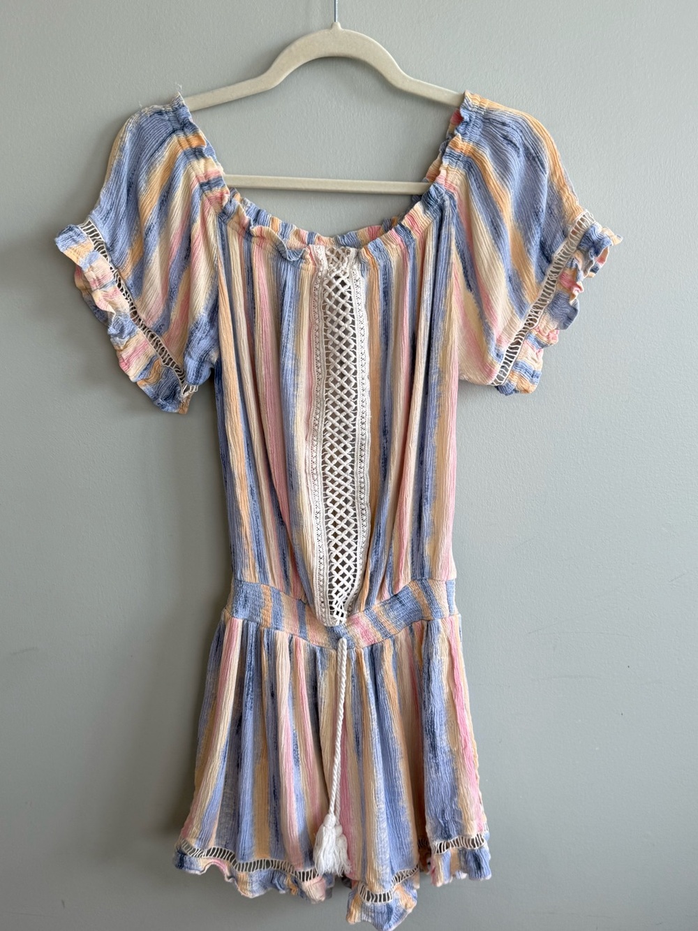 STUNNING!! Striped Pastel Off-Shoulder summer dress with Crochet Trim